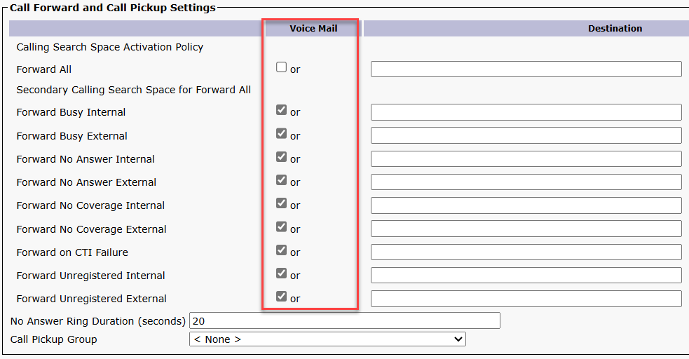 Cisco Callmanager Call Forward and Pickup Settings
