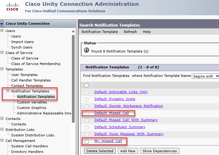 Cisco Unity Notification Template configuration